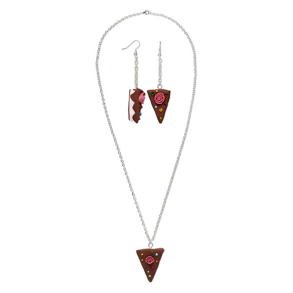 Necklace and earring set, One of a Kind Jewelry, polymer clay / silver-plated brass / steel, multicolored, 30 inches with fishhook ear wire. Only one available. image number 0