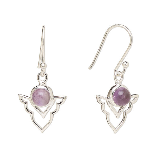 Ear wire, Create Compliments®, antiqued sterling silver and amethyst (natural), fishhook, 29mm with 15.5x14mm single-sided open arrowhead, 21 gauge. Sold per pair. image number 0