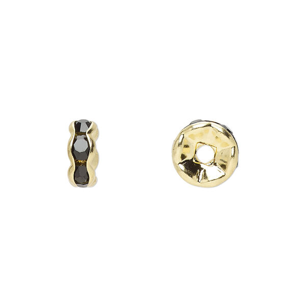 Bead, glass rhinestone and gold-finished brass, black, 8x4mm rondelle. Sold per pkg of 10. image number 0