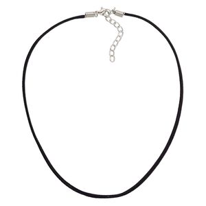 Necklace cord, faux suede with silver-plated steel and "pewter" (zinc-based alloy), black, 2.5-3mm wide, 16 inches with 3-inch extender chain and lobster claw clasp. Sold per pkg of 10.