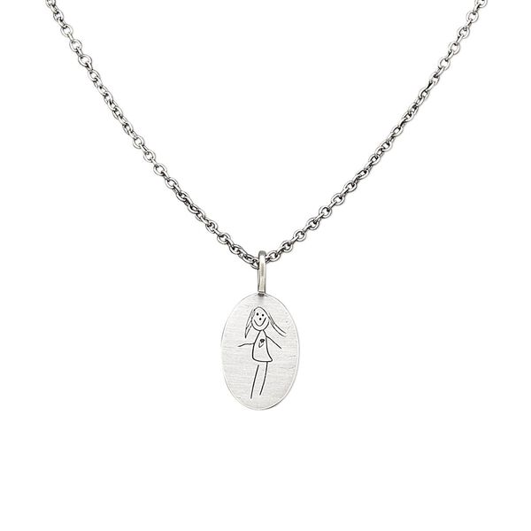 Necklace, sterling silver, 20x12mm matte oval with girl design, 18 inches with lobster claw clasp. Sold individually. image number 0