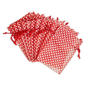 Pouch, organza, red and white, 6x4 inches with dots pattern and drawstring closure. Sold per pkg of 12.