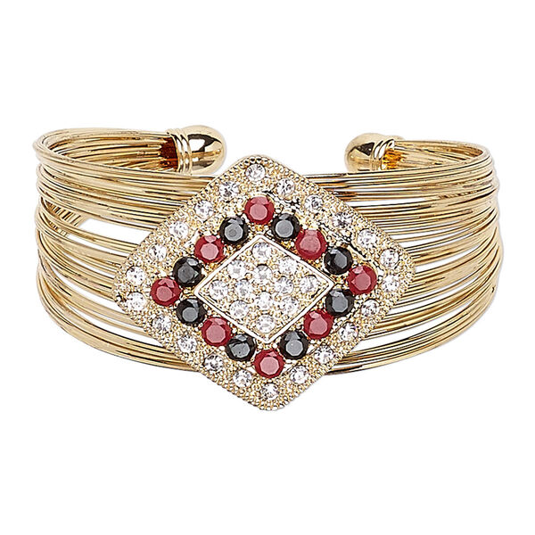 Bracelet, cuff, glass / Egyptian glass rhinestone / gold-finished steel / "pewter" (zinc-based alloy), clear / red / black, 35mm wide with 40x35mm diamond, 6-1/2 inches. Sold individually. image number 0