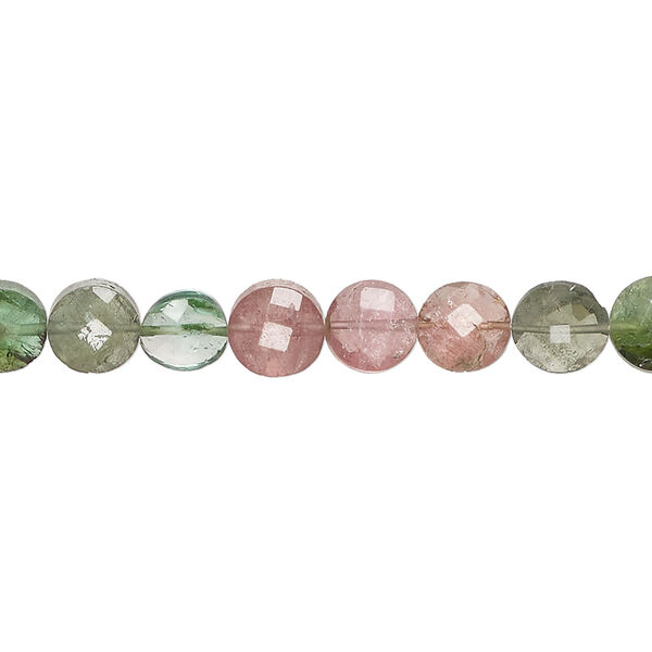 Multi-tourmaline 1pkg1, hand-cut faceted puffed flat round bead, 15 inch 7mm image number 1