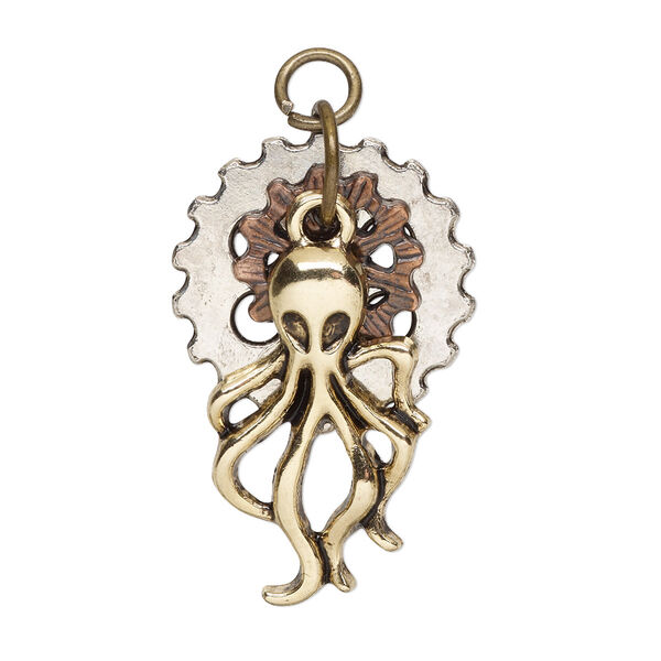 Focal, antique gold- / copper- / silver- / brass-finished steel / "pewter" (zinc-based alloy), 30x21mm single-sided with 13mm / 21mm gear / 25.5x15mm octopus. Sold individually. image number 0