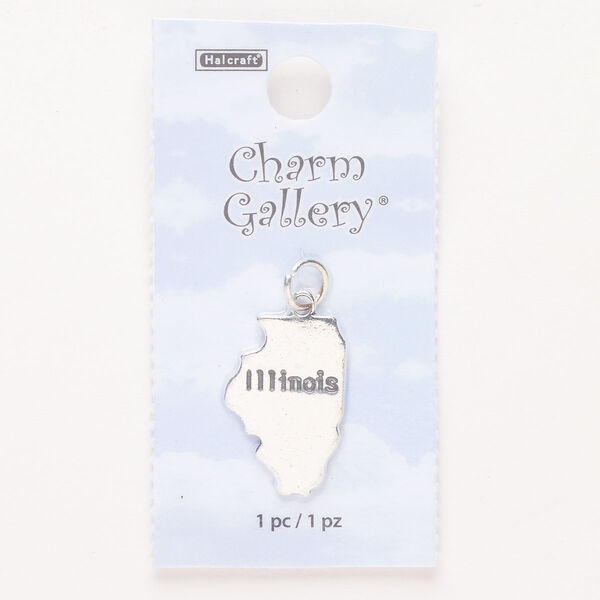 Charm, steel and enamel, pkg/1, silver finish and black, 22x15mm with "Illinois." image number 0