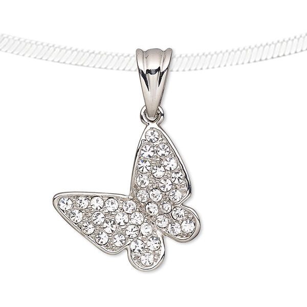 Pendant, Preciosa Czech glass rhinestone and silver-plated pewter (tin-based alloy), clear, 21x21mm butterfly. Sold individually. image number 0