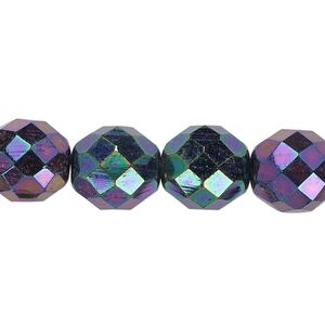 Bead, Czech fire-polished glass, pkg/15-1/2 to 16 inches, 12mm faceted round, opaque iris purple, (23980-21495).