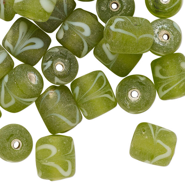 Bead, lampworked glass, translucent yellow-green and white, 11x9mm round tube with swirl design. Sold per 2-ounce pkg, approximately 40 beads. image number 0