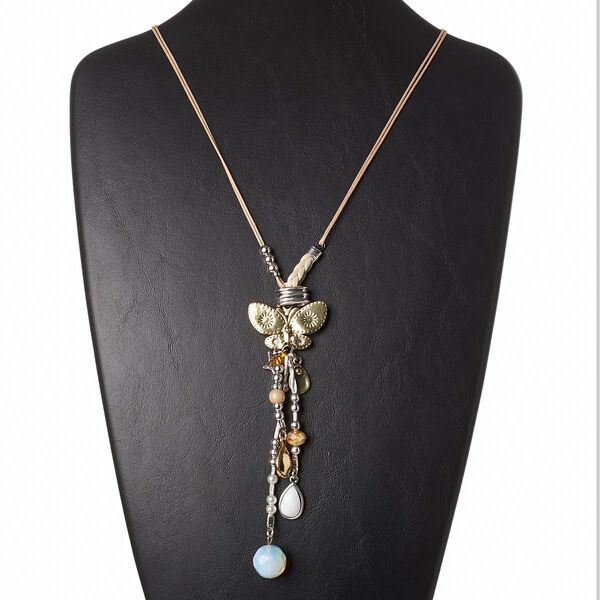 Necklace, satin cord / waxed cotton cord / polyurethane / glass rhinestone / millefiori glass / acrylic / enamel / resin / silver-coated plastic / antique gold-finished "pewter (zinc-based alloy) / antique silver-plated brass and steel, multicolored, 5-1/2 inch dangle with butterfly, 28 inches with lobster claw clasp. Sold individually. image number 0