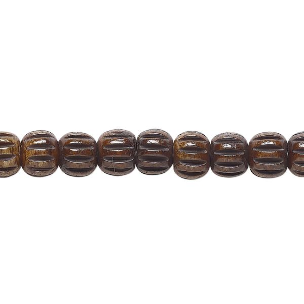 Bead, bone (dyed), antiqued brown and black, 6.5x5.5mm corrugated barrel. Sold per 15-1/2" to 16" strand. image number 0