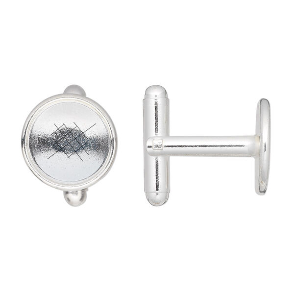 Cuff link, silver-finished brass, 12mm round bezel setting. Sold per pkg of 2 pairs. image number 0