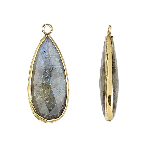 Drop, labradorite (natural) and gold-finished sterling silver, 27x12mm double-sided faceted teardrop. Sold per pkg of 2. image number 0