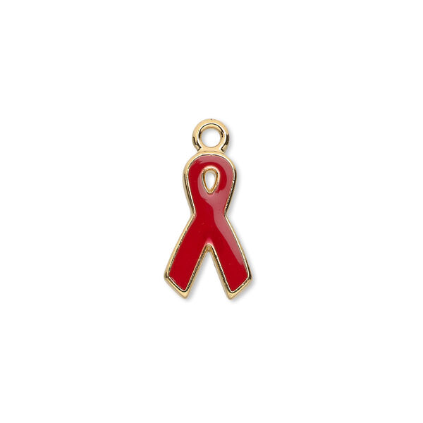 Charm, epoxy and gold-plated aluminum, red, 15x9mm single-sided awareness ribbon. Sold per pkg of 6. image number 0