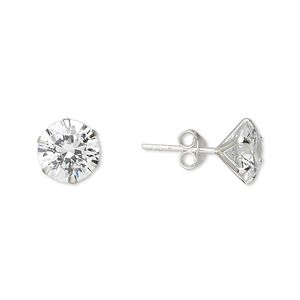 Earstud, sterling silver and cubic zirconia, clear, 9mm faceted round with post. Sold per pair.