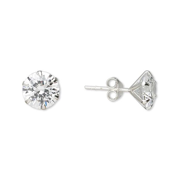 Earstud, sterling silver and cubic zirconia, clear, 9mm faceted round with post. Sold per pair. image number 0
