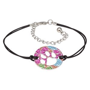 Bracelet, mylar / waxed cotton cord / imitation rhodium-plated steel / "pewter" (zinc-based alloy), black and multicolored, 27mm round with paw cutout, 7-1/2 inches with 3-inch extender chain and lobster claw clasp. Sold individually.