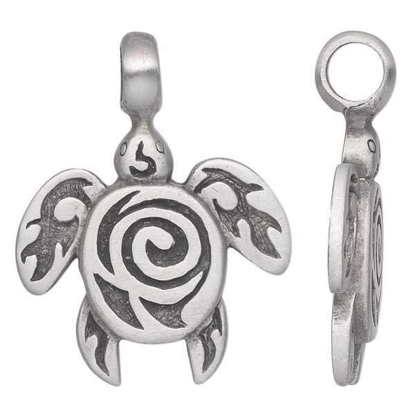 Pendant, antiqued pewter (tin-based alloy), 44x34mm single-sided turtle with spiral. Sold individually. image number 0