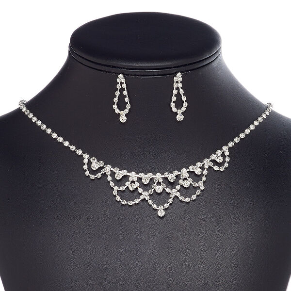 Necklace and earring set, glass rhinestone / plastic / imitation rhodium-plated brass / steel, clear, cupchain, 15" to 16" necklace with 3-inch extender chain and lobster claw clasp, 29mm earrings with post. Sold per set. image number 0