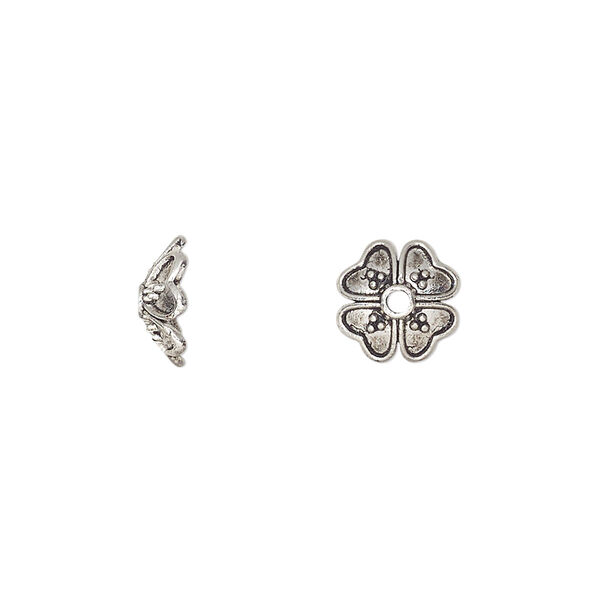 Bead cap, antique silver-finished "pewter" (zinc-based alloy), 9.5x4mm with hearts, fits 8-10mm round bead. Sold per pkg of 20. image number 0