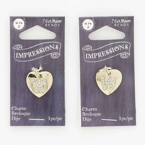 Charm, gold-finished "pewter" (zinc-based alloy) / steel / acrylic rhinestone, clear, 15.5mm single-sided puffed heart with letter "W." Sold per pkg of 2. image number 0