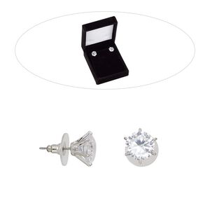 Earstud, cubic zirconia / stainless steel / rhodium-finished brass, clear, 11mm round with post. Sold per pair.
