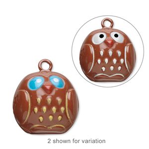 Bell, brass and enamel, multicolored, 20x19mm owl with clapper. Sold per pkg of 6.