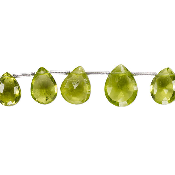 Bead, peridot (natural), 7x5mm-11x8mm graduated hand-cut top-drilled faceted puffed teardrop, B+ grade, Mohs hardness 6-1/2 to 7. Sold per pkg of 11. image number 0