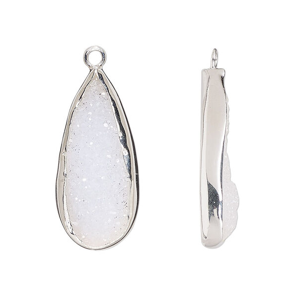 Drop, white druzy agate (natural) and sterling silver, 27x12mm single-sided teardrop. Sold per pkg of 2. image number 0