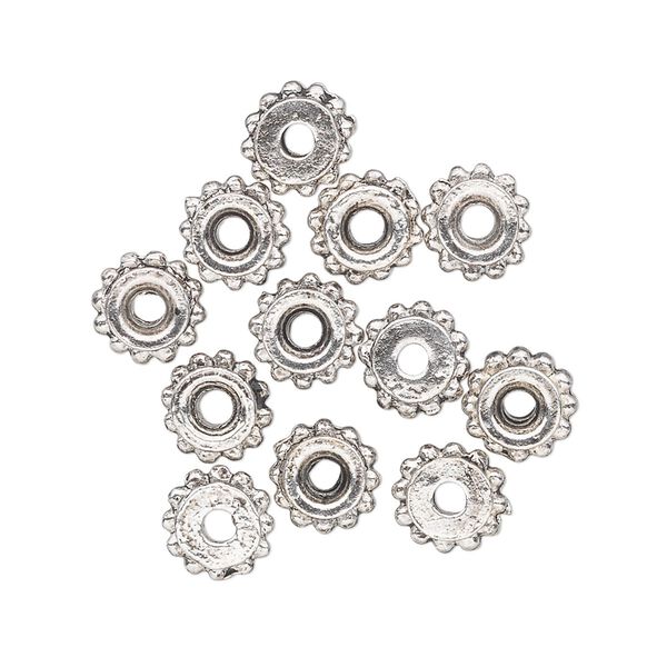 Bead, antiqued "pewter" (zinc-based alloy), 8x5mm studded beaded rondelle with flat side. Sold per pkg of 12. image number 0