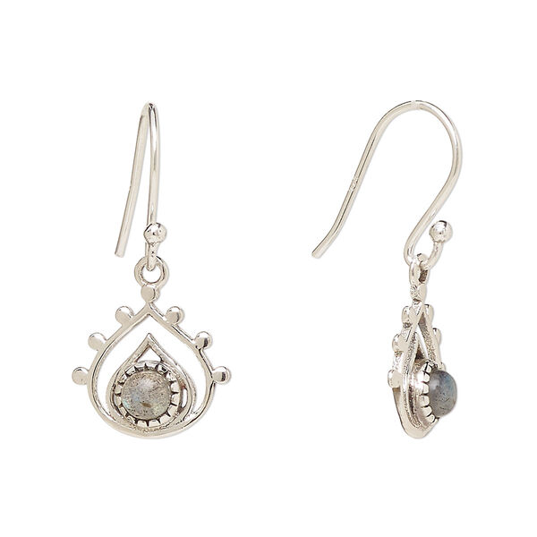 Ear wire, Create Compliments®, antiqued sterling silver and labradorite (natural), fishhook, 26.5mm with 13x12.5mm single-sided open teardrop, 21 gauge. Sold per pair. image number 0