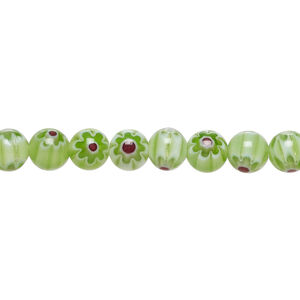 Bead, millefiori glass 1pkg1, translucent green / white / dark red, 6mm round, 15 inches.