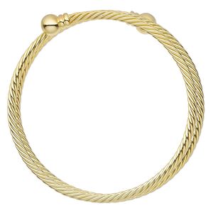 Bracelet, bangle, gold-plated brass, 3.5mm twisted wire with 8mm threaded ball end, adjustable from 7-1/2 to 8 inches. Sold individually.