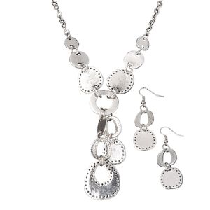 Necklace and earring set, glass rhinestone / epoxy / antique silver-plated "pewter" (zinc-based alloy), clear and black, 3-1/4 inch dangle, 16-inches with 2-inch extender chain and lobster claw clasp, 58x18mm earrings with fishhook ear wire. Sold per set.