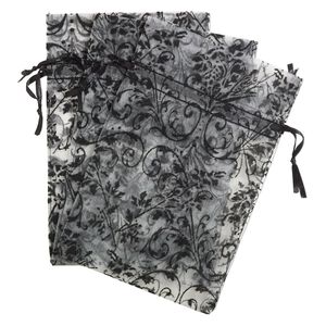 Pouch, satin and flocked organza, grey and black, 6x4-inch rectangle with damask design and drawstring. Sold per pkg of 12.