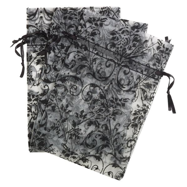 Pouch, satin and flocked organza, grey and black, 6x4-inch rectangle with damask design and drawstring. Sold per pkg of 12. image number 0