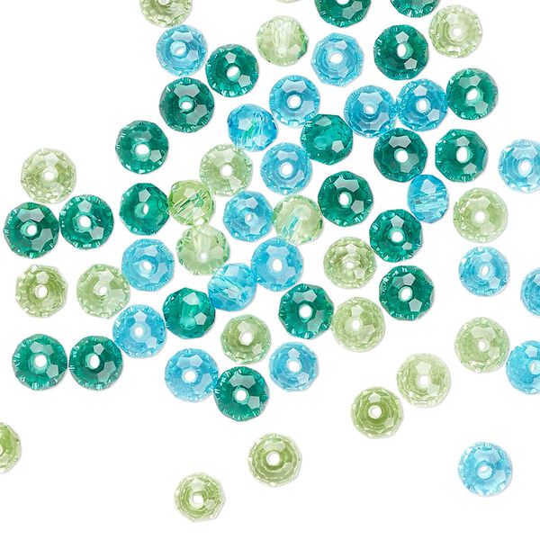 Bead mix, glass, translucent aqua / teal / pale green, 4x3mm faceted rondelle. Sold per pkg of 66. image number 0
