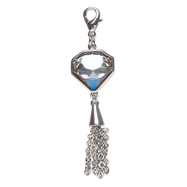 Focal, brass and glass, pkg/1, 40x14mm diamond with lobster claw clasp, silver finish and clear. image number 0