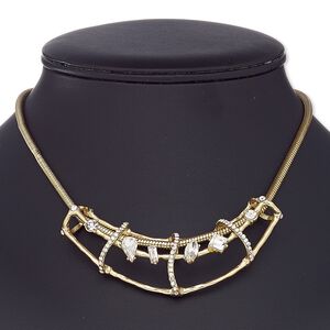 Necklace, glass rhinestone / gold-coated plastic / gold-finished brass / steel / "pewter" (zinc-based alloy), clear AB and clear, 3-1/4 x 2-inch open tube, 16 inches with 2-1/2 inch extender chain and lobster claw clasp. Sold individually.