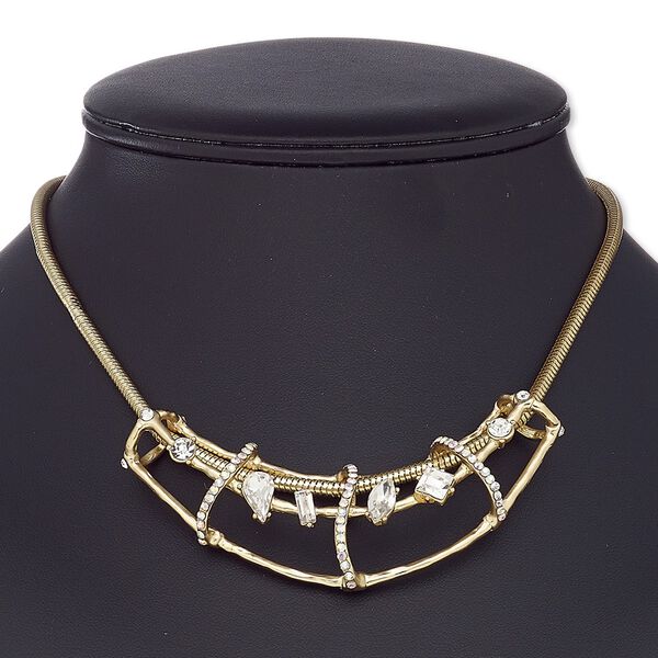 Necklace, glass rhinestone / gold-coated plastic / gold-finished brass / steel / "pewter" (zinc-based alloy), clear AB and clear, 3-1/4 x 2-inch open tube, 16 inches with 2-1/2 inch extender chain and lobster claw clasp. Sold individually. image number 0