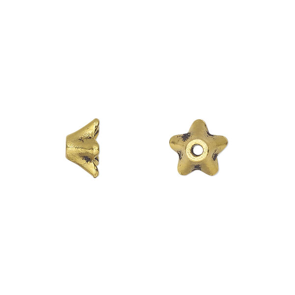 Bead cap, antique gold-finished "pewter" (zinc-based alloy), 8.5x5mm flower, fits 4-6mm round bead. Sold per pkg of 20. image number 0