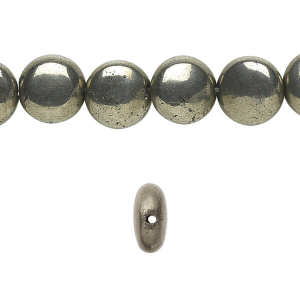 Bead, pyrite (stabilized), 10mm flat round, B grade, Mohs hardness 6. Sold per 15-1/2" to 16" strand. image number 0