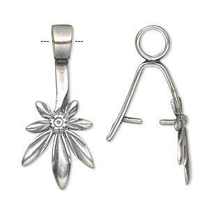 Bail, JBB Findings, ice-pick, antique silver-plated brass, 25x15.5mm leaf with 12mm grip length. Sold individually.
