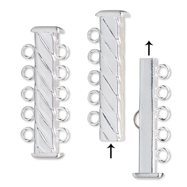 Clasp, 5-strand slide lock, silver-plated brass, 31x7mm corrugated rectangle tube. Sold per pkg of 4. image number 0