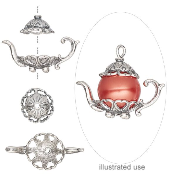 Bead cap, sterling silver, 24x11mm teapot, fits 8-10mm bead. Sold per 2-piece set. image number 0
