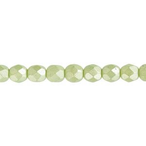 Bead, Czech fire-polished dipped décor glass, opaque pearlescent lime green, 6mm faceted round. Sold per pkg of 1,200 (1 mass).