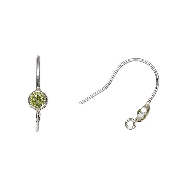 Ear wire, peridot (natural) and sterling silver, 15mm fishhook with 4mm faceted round and open loop, 20 gauge. Sold per pair. image number 0
