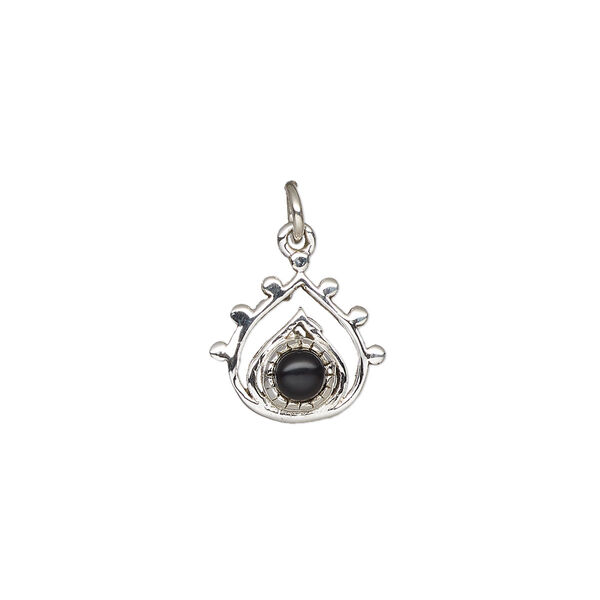 Drop, antiqued sterling silver and black onyx (dyed), 13x12.5mm single-sided open teardrop. Sold individually. image number 0