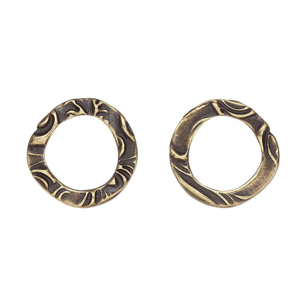 Component, TierraCast®, "Vida Mas Dulce" collection, antique brass-plated pewter (tin-based alloy), 16mm open round with flora design and 10mm hole. Sold per pkg of 4. image number 0