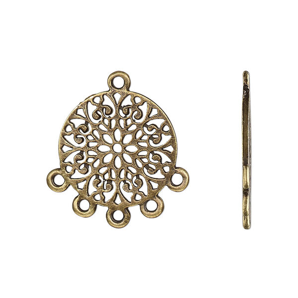 Drop, antique brass-finished "pewter" (zinc-based alloy), 18mm double-sided flat round with cutout mandala and 5 closed loops. Sold per pkg of 20. image number 0